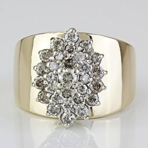 Vintage 14k Yellow Gold Diamond Cluster Cocktail Cigar Band Ring